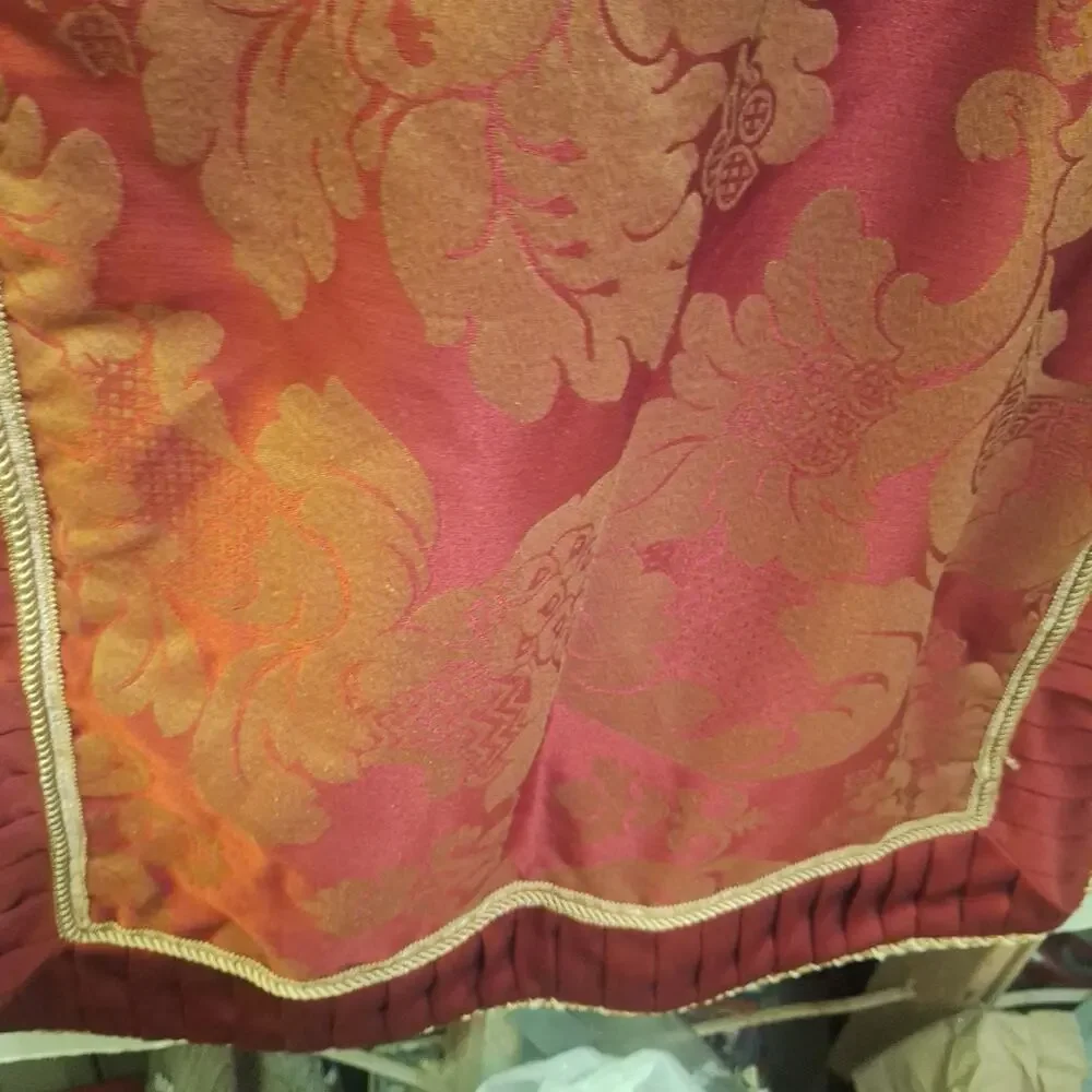 Damask Table Runner With Pleated Trim And Cord. 41 In X 24 In. Red And Gold